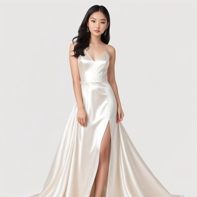 Elegant model wearing a satin evening gown