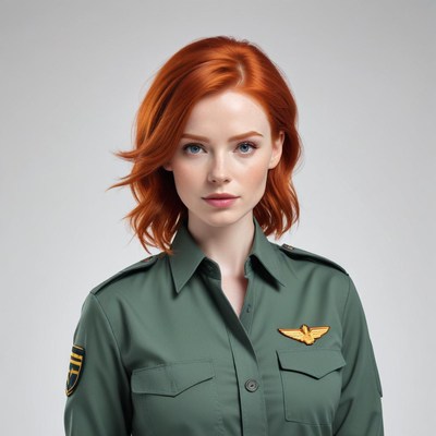 Woman in military uniform on neutral background