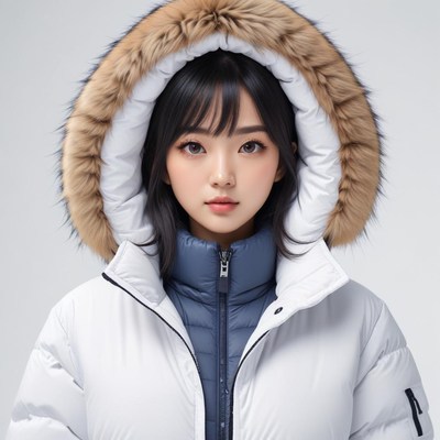 Young woman wearing stylish winter coat with fur hood