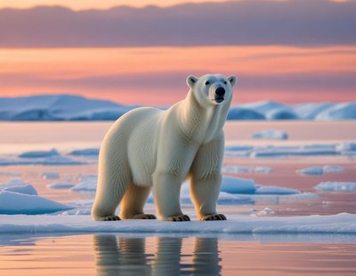 Polar bear standing on ice at sunset in the arctic