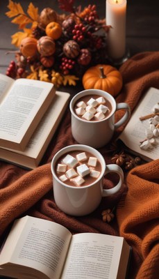 Cozy afternoon with hot cocoa and books in fall