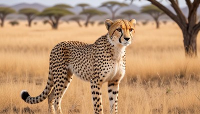 Cheetah standing in golden grassland under the blue sky