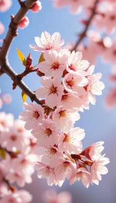 Cherry blossoms bloom under sunny blue sky in spring