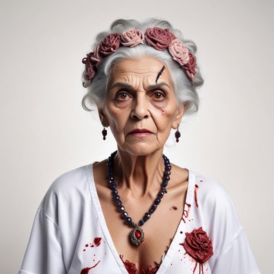 Elderly woman dressed in eerie costume for halloween event