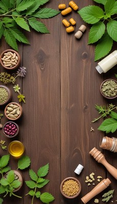 Natural herbs and supplements arranged on wooden table