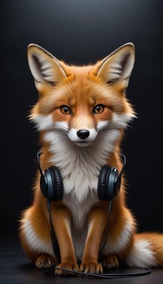 Fox sitting with headphones in a dark setting