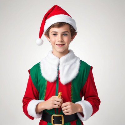 Young boy in festive elf costume with santa hat