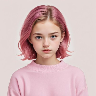 Young girl with pink hair poses in a simple sweater
