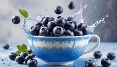 Fresh blueberries splash in a blue bowl