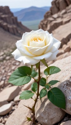 White rose blooming in rocky landscape