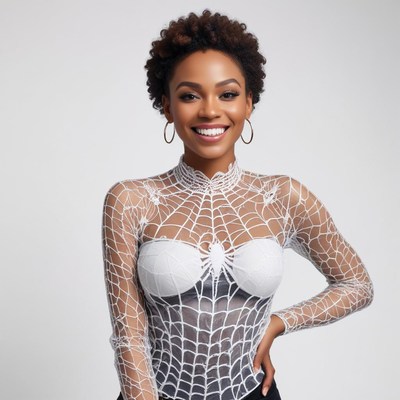 Model poses in a creative spiderweb outfit for fashion shoot