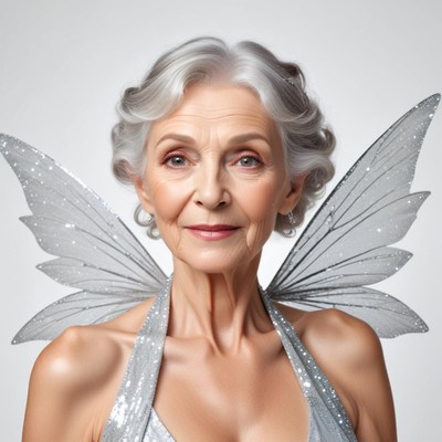 Elderly woman dressed as a fairy with silver wings