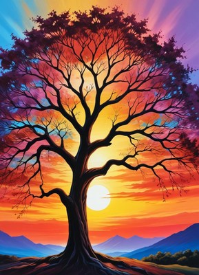 Vibrant sunset behind a silhouetted tree in nature