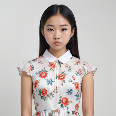Girl in floral dress poses in simple studio setting