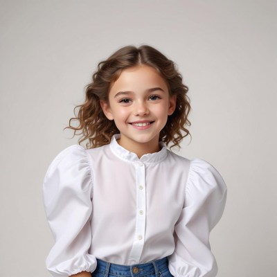 Young girl smiling in stylish outfit with puffy sleeves