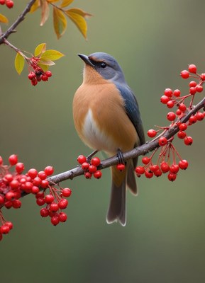 Bright bird perched on red berries in nature setting