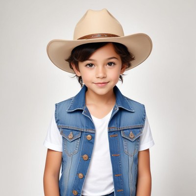 Young child wearing denim vest and cowboy hat