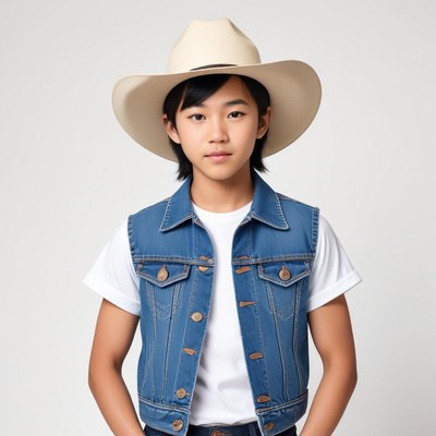 Young cowboy in denim vest and wide-brimmed hat