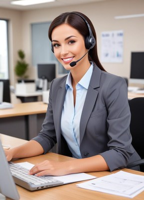 Professional woman working at a computer with a headset