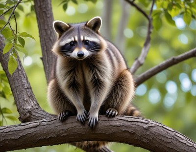 Raccoon perched on tree branch in leafy forest