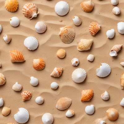 Colorful shells scattered on sandy beach surface