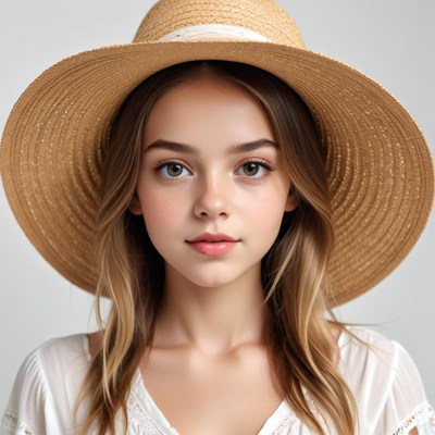 Young woman in a straw hat with a soft smile indoors