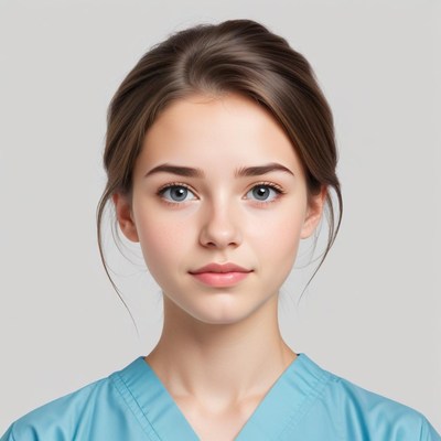 Health professional in blue scrubs presents calm demeanor