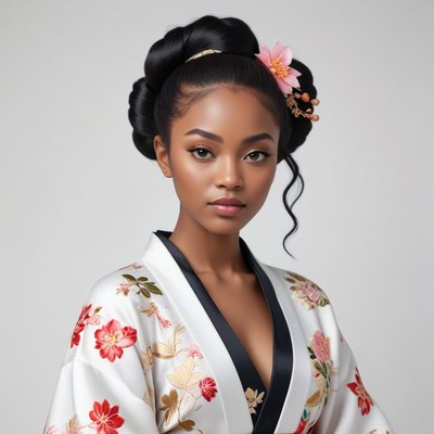 Young woman in floral kimono