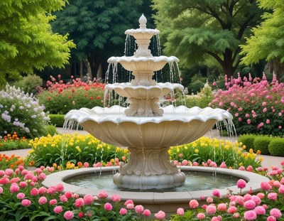 Fountain amid colorful garden flowers