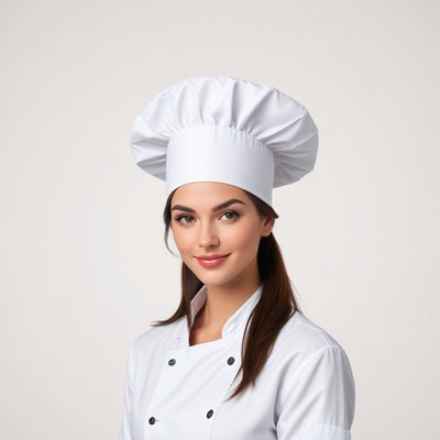 Chef in white uniform smiles confidently for the camera