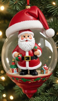 Festive christmas ornament featuring santa holding gifts