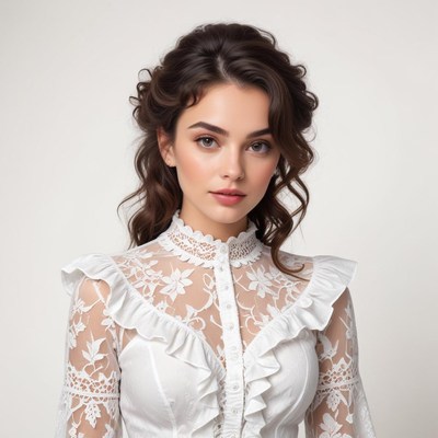 Woman in elegant white dress with lace details poses
