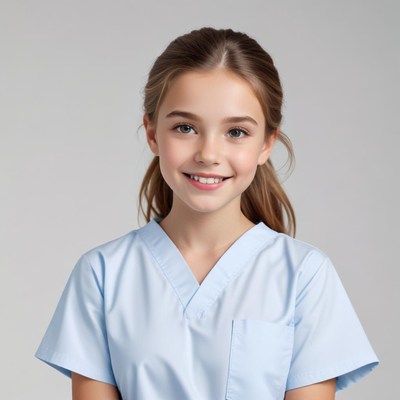 Young girl in medical uniform smiling brightly