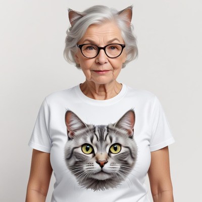 Senior woman with cat-themed outfit and glasses