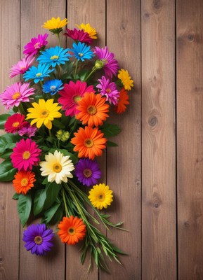 Bright flower bouquet arranged on wooden surface