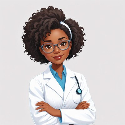 Young woman doctor with curly hair in white coat