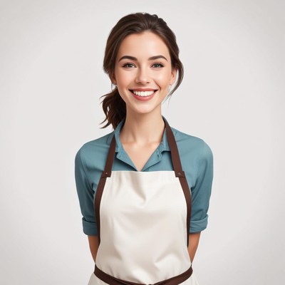 Smiling woman in apron with a welcoming expression