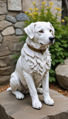 White dog statue on stone in a garden setting