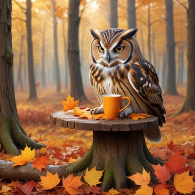 Owl enjoying a warm drink in a serene autumn forest