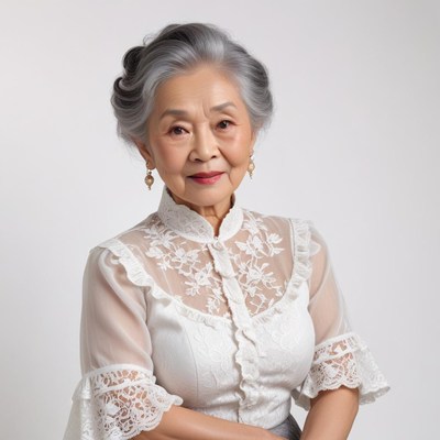 Elegant elderly woman in white lace attire poses gracefully