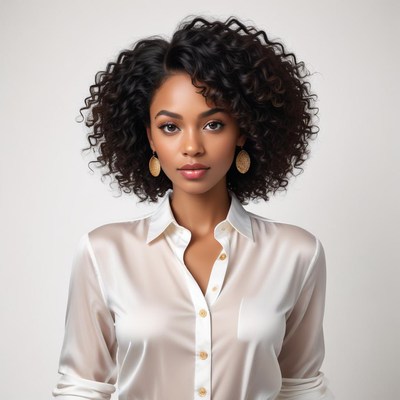 Beautiful woman with curly hair in a white shirt