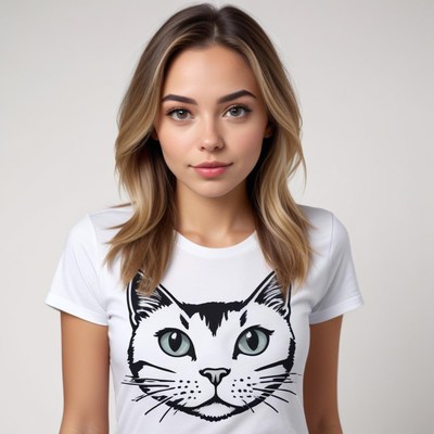 Young woman wears cat design t-shirt with confidence