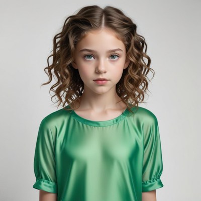Young girl in green outfit with natural curls indoors