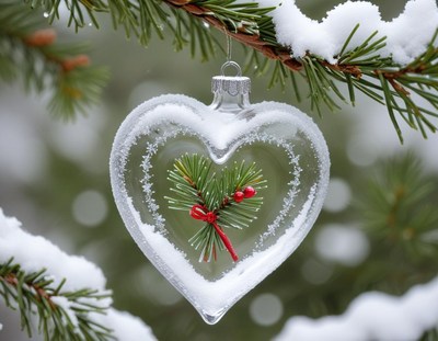 Heart-shaped ornament with pine in snowy background