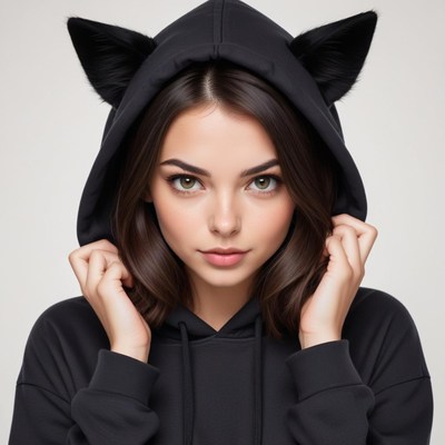 Youthful person wearing a black hood with cat ears