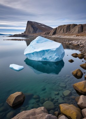 Iceberg floating in calm arctic waters near rugged cliffs