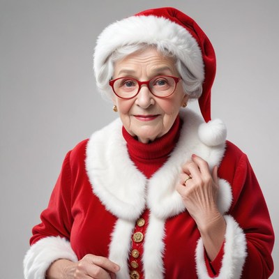 Elderly woman in festive santa outfit poses cheerfully