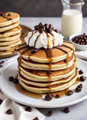 Delicious stack of pancakes with chocolate chips and syrup