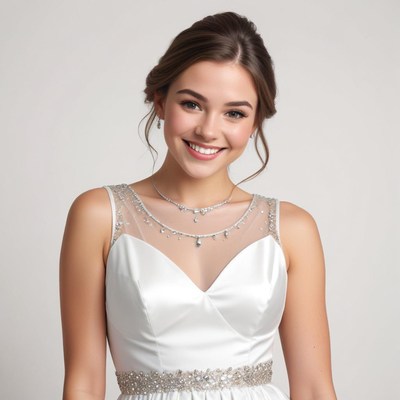 Bridal model in elegant white dress and jewelry