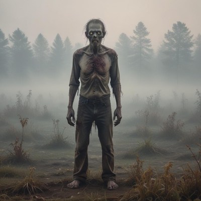 Creepy figure stands in a foggy forest at dusk